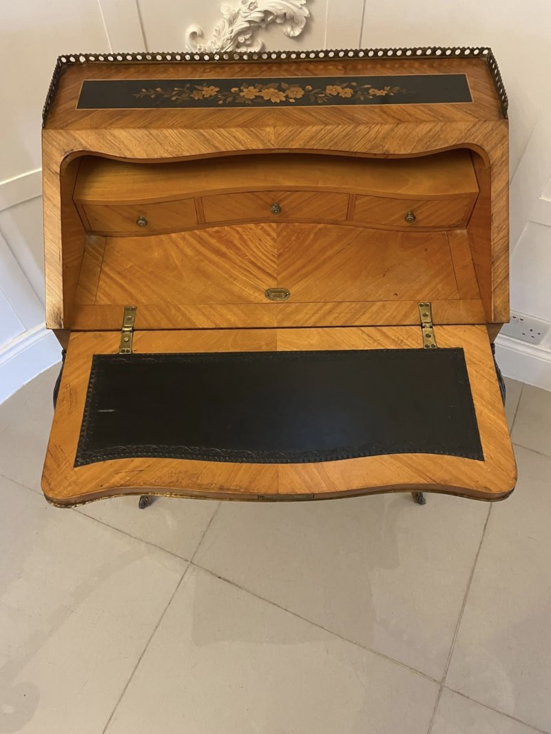 Antique Victorian Quality Satinwood Freestanding Marquetry Inlaid French Bureau - Image 9